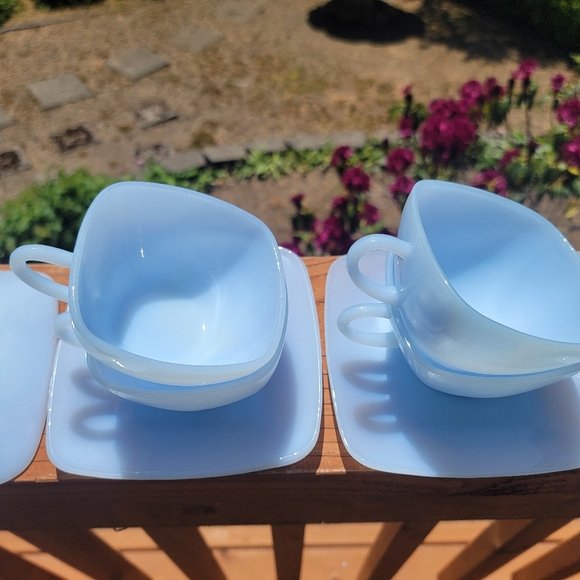 Vintage Fire King Square blue cups & saucers 1950's 8 pieces - Picture 2 of 5